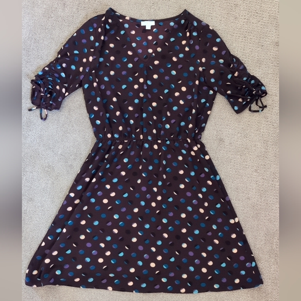 NWOT Charming Charlie Multi Color Polka Dot Ruched Sleeve A Line V Neck Dress